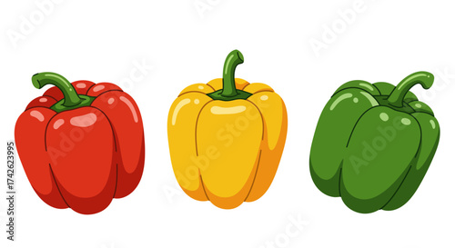 Three Colorful Bell Peppers: Red Yellow and Green Vegetables.