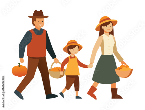 Harvest time family walking with pumpkins and basket illustration