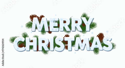Merry Christmas text with pine branches and cones festive holiday greeting.