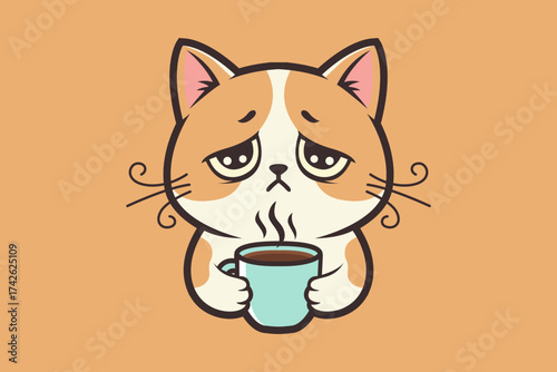 A cartoon cat with a sad expression holds a mug of steaming coffee, looking forlorn.