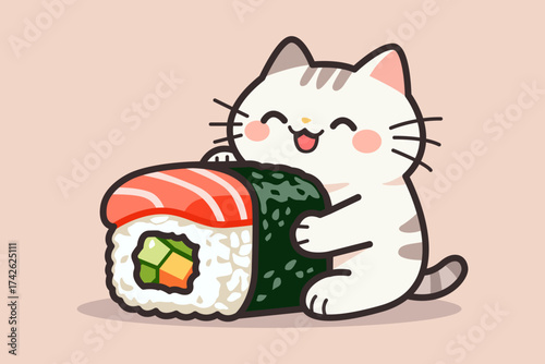 A happy cartoon cat enthusiastically hugging a delicious sushi roll.