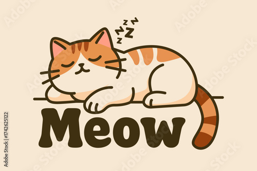 Cartoon cat sleeping peacefully above the word "Meow" in a cute, simple illustration style.