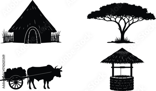 Rural life silhouette illustration set, traditional village elements artwork, countryside lifestyle concept, nature and heritage icon collection