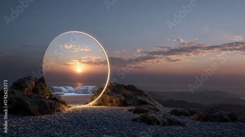 Surreal sunset through illuminated circular portal on rocky mountain landscape