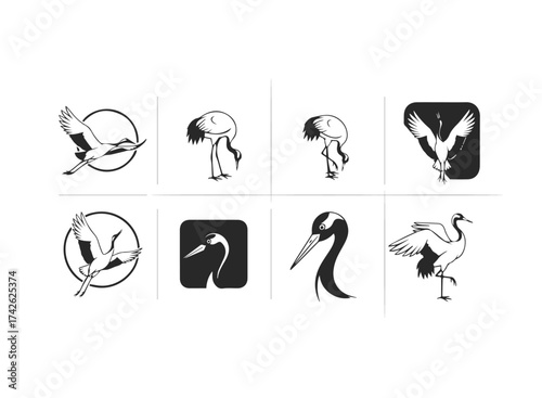 Elegant Crane Bird Logo Collection.