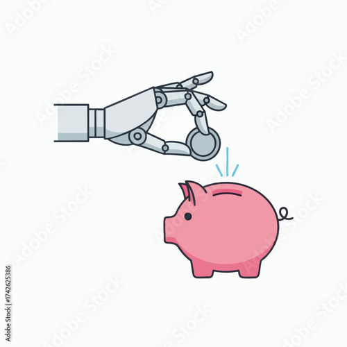 Robot Hand Putting Coin into Piggy Bank AI Finance Concept.