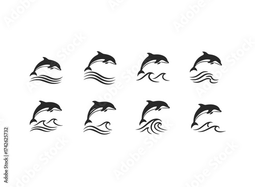 Set of Eight Dolphin Wave Icons.