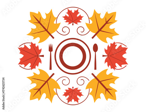 Thanksgiving Dinner Decoration Flat Design with Leaves and Utensils