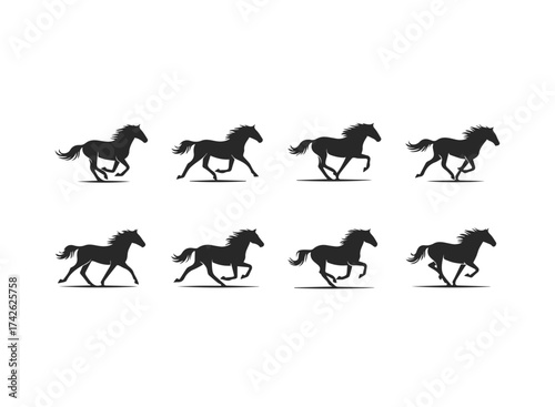 Set of eight running horse silhouettes.