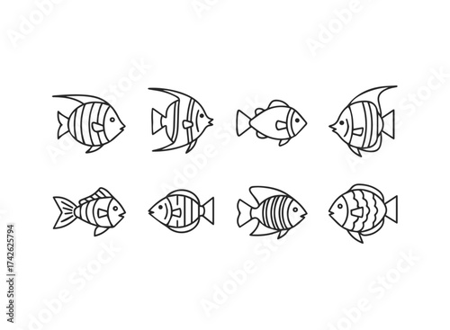Set of eight stylized fish illustrations.