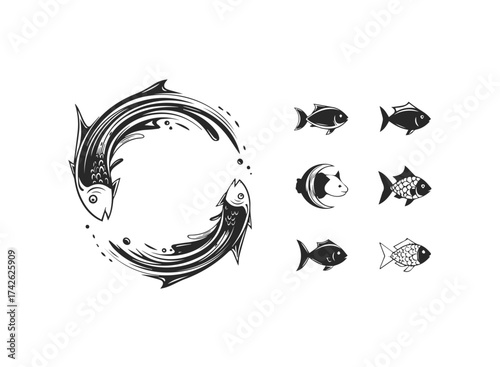 Stylized Fish Icons and Circular Design.