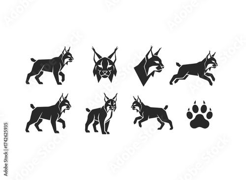 Stylized Lynx Silhouette Collection with Paw Print.