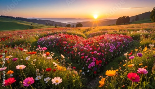 Meadow field with colorful flowers arranged in a heart shape at sunset