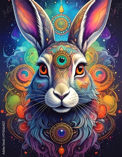 Vibrant illustration of a rabbit with intricate psychedelic patterns