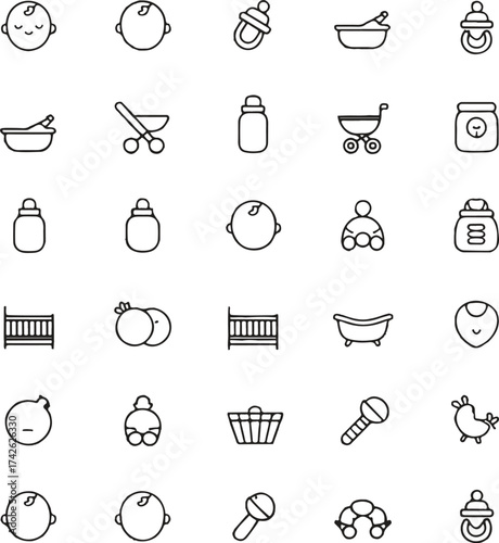 Collection of simple line icons depicting baby care and related items