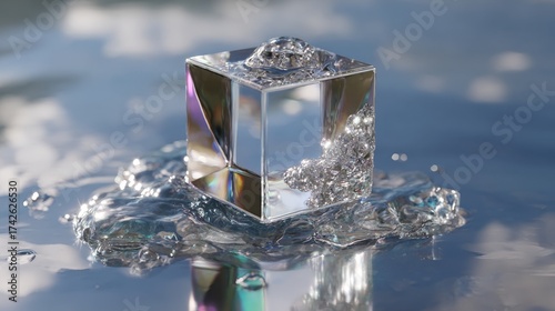 Transparent glass cube on reflective water surface with glittering bubbles