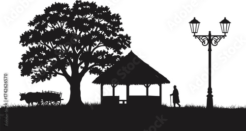 Rural village scene silhouette illustration, bullock cart and hut artwork, traditional lifestyle concept, nature and community heritage icon