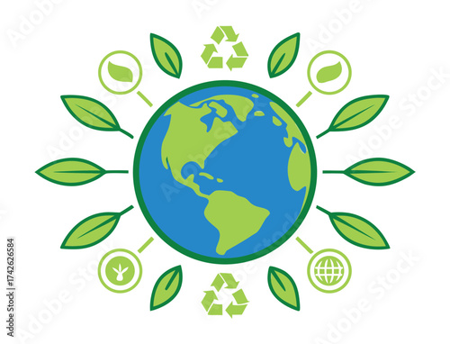 Earth with surrounding leaves and recycling symbols for environmental concepts
