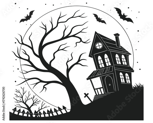 A creepy, silhouetted haunted house stands on a hill under a large full moon. Bats fly overhead near a bare, gnarled tree
