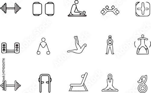 Collection of simple black and white line icons representing fitness and exercise