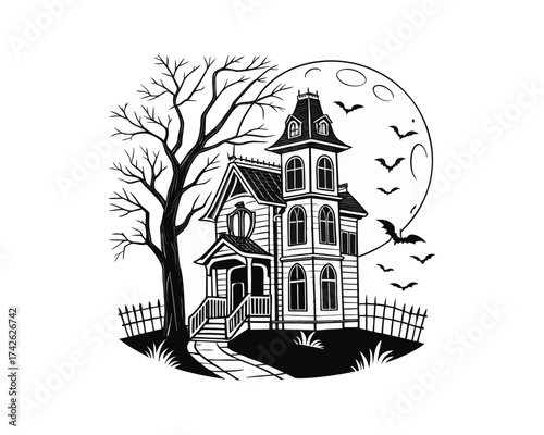 A black and white illustration of a gothic Victorian mansion with a bare tree, fence, and bats flying under a large full moon