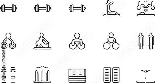 Simple line icons representing various fitness equipment and exercise activities