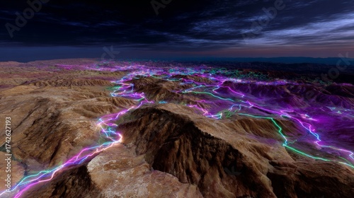 Vibrant neon lights over mountain range at night