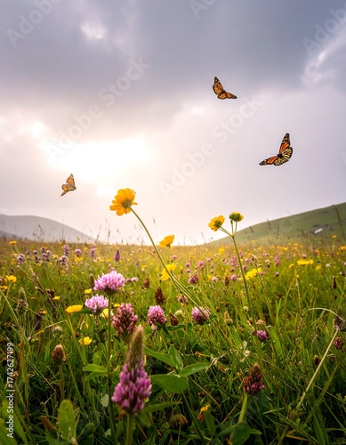 Meadow scene, butterflies in flight, under a cloudy, sunlit sky