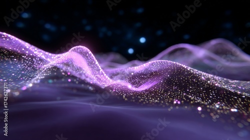 Vivid purple and pink waveform with glowing particles on a dark background
