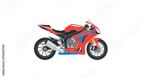 Red and Black Sport Motorcycle with Silver Exhaust and Blue Accents.