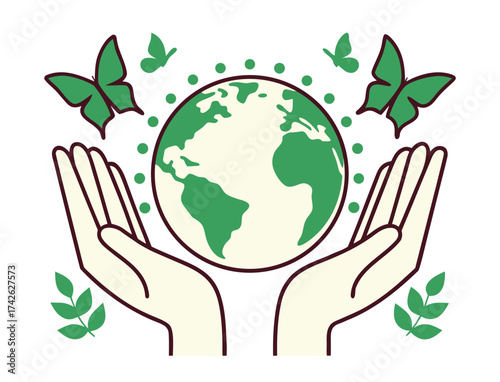 Hands holding earth with green butterflies and leaves illustration design