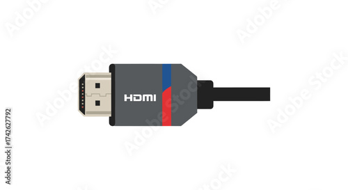 A grey HDMI cable connector plug with red and blue vertical stripes.