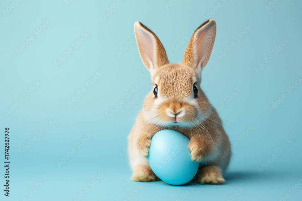 Obraz premium Fluffy Bunny Holding Blue Easter Egg on Light Blue Background, Minimal Studio