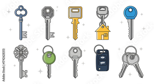 Vector art of collection of various keys, including house and car keys