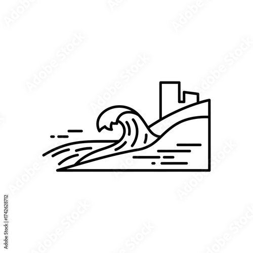 Tsunami wave crashing against city buildings, depicting the power of nature and potential destruction in a minimalist style.