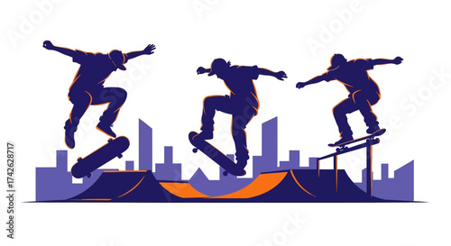 Dynamic illustration of three skateboarders performing various tricks in a modern urban skatepark with a city skyline backdrop.