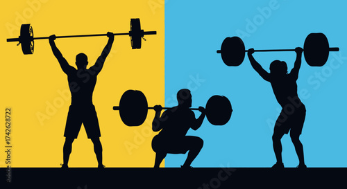 Silhouettes of male and female athletes weightlifting, performing squats and overhead lifts against a colorful background.