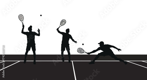 Silhouettes of tennis players in action on a court, illustrating different stages of a serve and return.