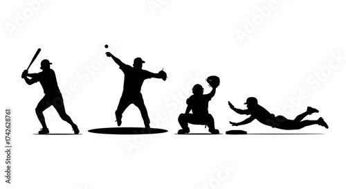 Silhouettes of baseball players performing different actions like batting, pitching, catching, and sliding on a white background.