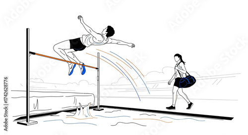 A high jumper clearing the bar during a competition, with a person walking in the background.