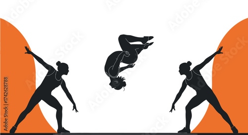 Silhouette of gymnasts performing acrobatics with orange background.