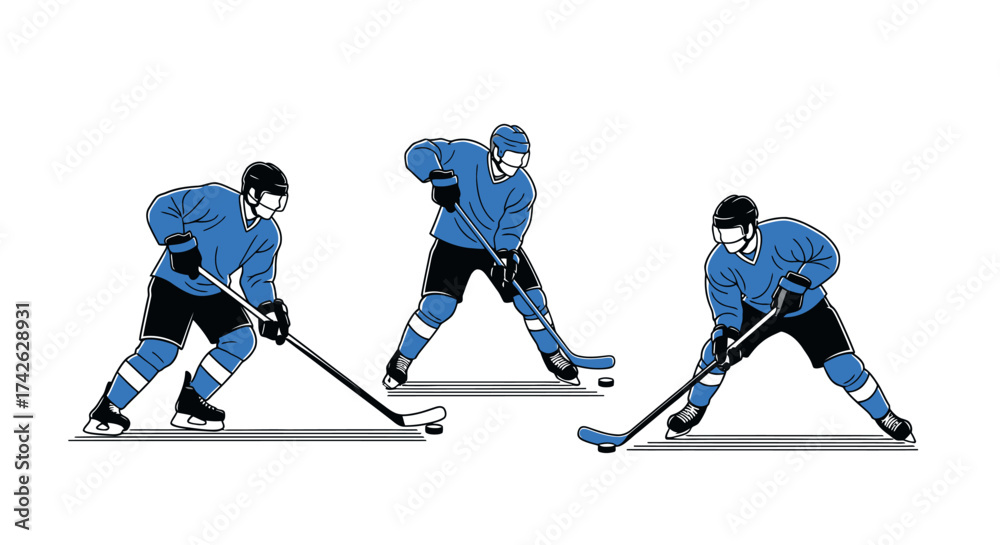 Obraz premium Three ice hockey players in blue jerseys demonstrating various puck handling and stick positions on the ice, illustrating different game actions.