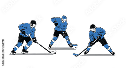 Three ice hockey players in blue jerseys demonstrating various puck handling and stick positions on the ice, illustrating different game actions.