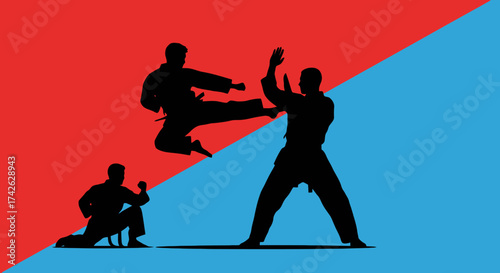 Silhouette of three karate fighters on a red and blue background.