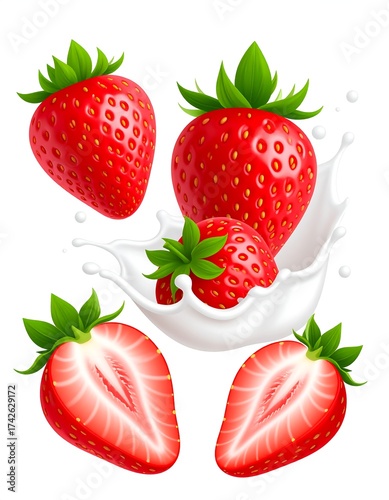 Vibrant illustration of strawberries, some halved, with milk splash