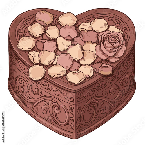 Flat vector illustration. An ornate vintage heart-shaped music box strewn with rose petals.