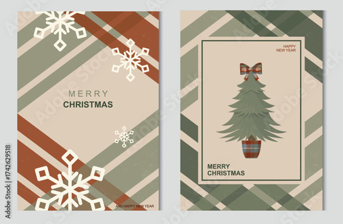 Merry Christmas Greeting Card. Elegant holiday poster set featuring geometric diagonal stripes, snowflakes, green pine tree with plaid bow in rustic earth tones. Vintage christmas. Vector illustration