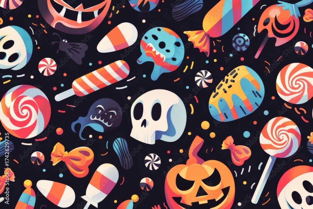 Naklejka premium Colorful Halloween Candy Vector Pattern on Dark Background