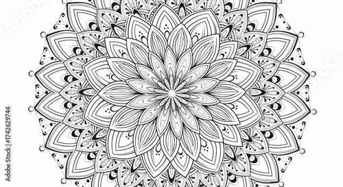 Intricate black and white floral mandala design with symmetrical patterns, radiating outwards from the center.