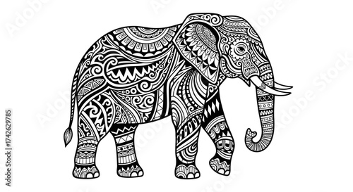 Intricate black and white illustration of a walking elephant, adorned with detailed patterns.